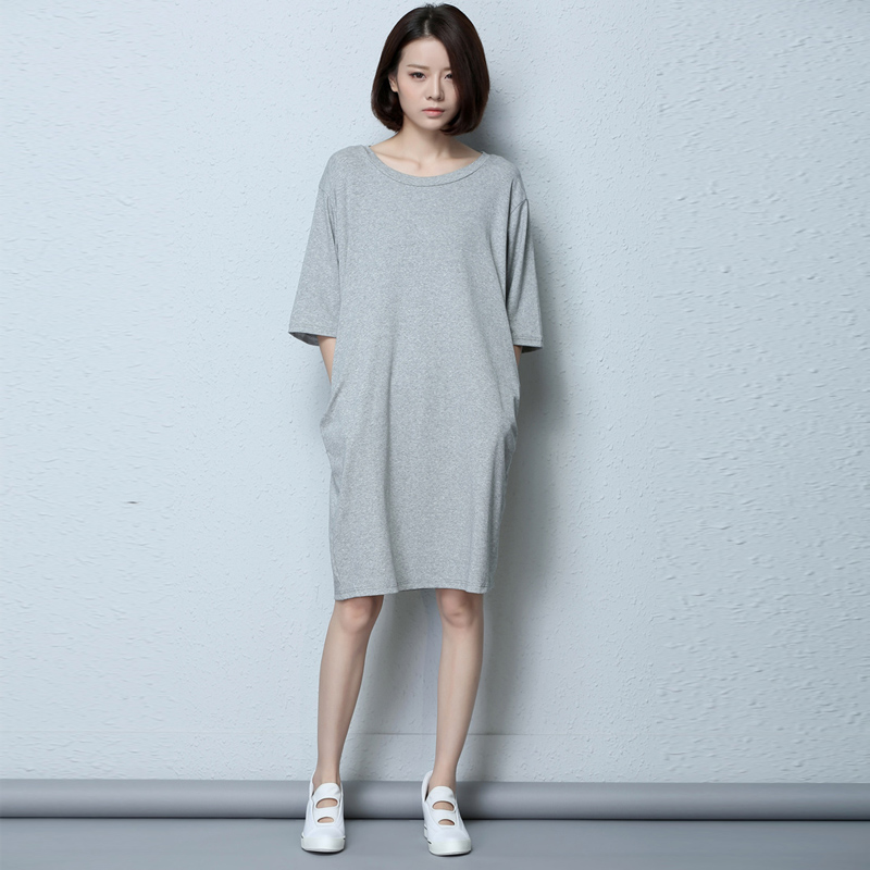 诗媞SHITI 原创设计2015欧美秋季新款口袋短袖宽松纯棉连衣裙中裙折扣优惠信息
