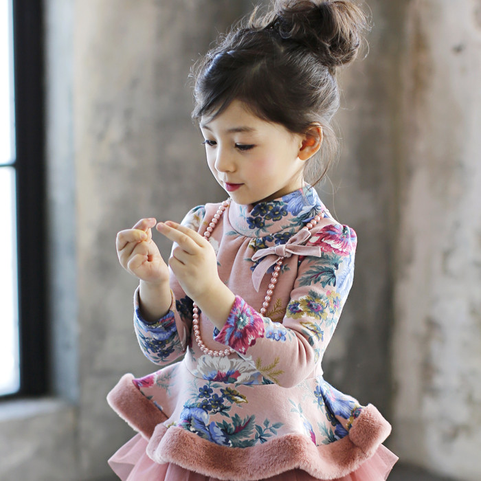韩国童装女童加绒打底衫长袖 儿童秋冬田园风印花T恤宝宝冬季上衣