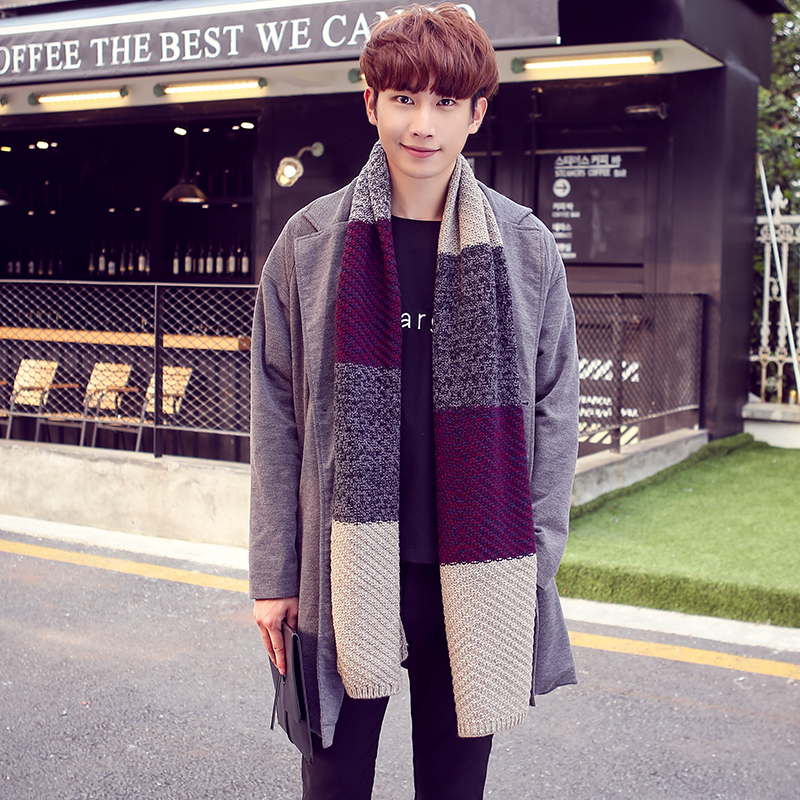 新款韩版男士围巾秋冬季拼色学生年轻人情侣长款毛线围巾围脖