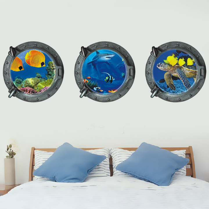 海底世界 3D立体创意潜水艇船窗墙贴 客厅沙发卧室床头儿童房墙贴折扣优惠信息