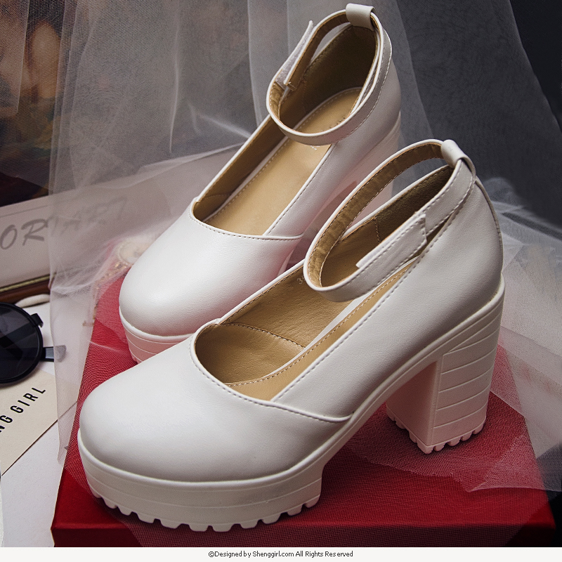2014新款欧美韩版粗跟高跟防水台单鞋女欧洲站街拍款白色厚底鞋子