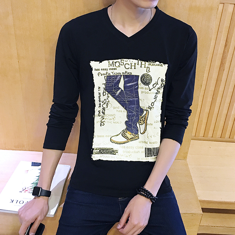 2016男装日系韩版新款青少个性图案时尚休闲打底百搭长袖男款T恤