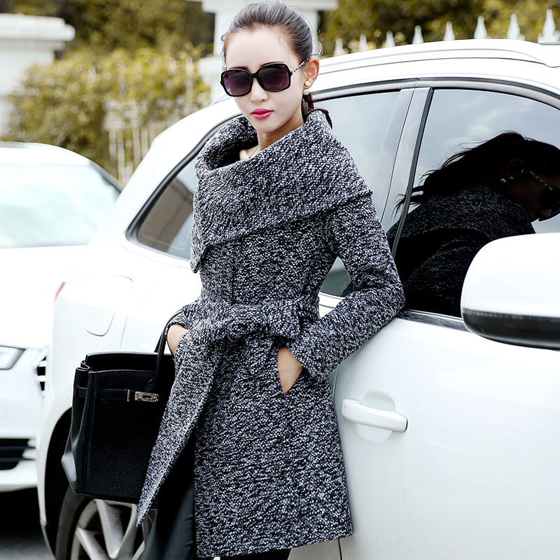 2015秋冬新款女士修身气质韩版大领时尚毛呢大衣外套配送腰带