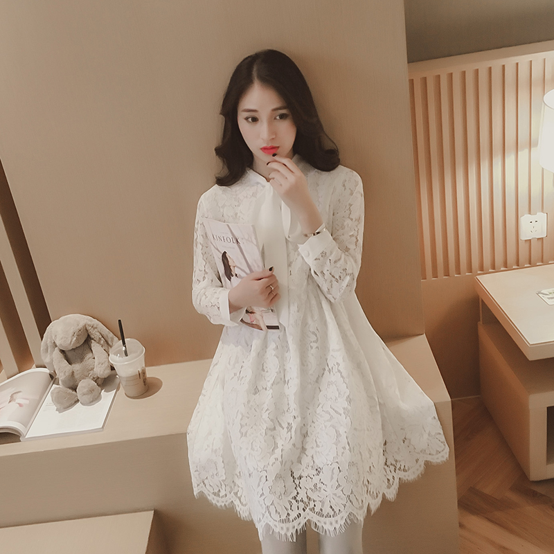 2016春季韩版新款长袖蕾丝连衣裙修身显瘦高腰气质打底中长裙子潮