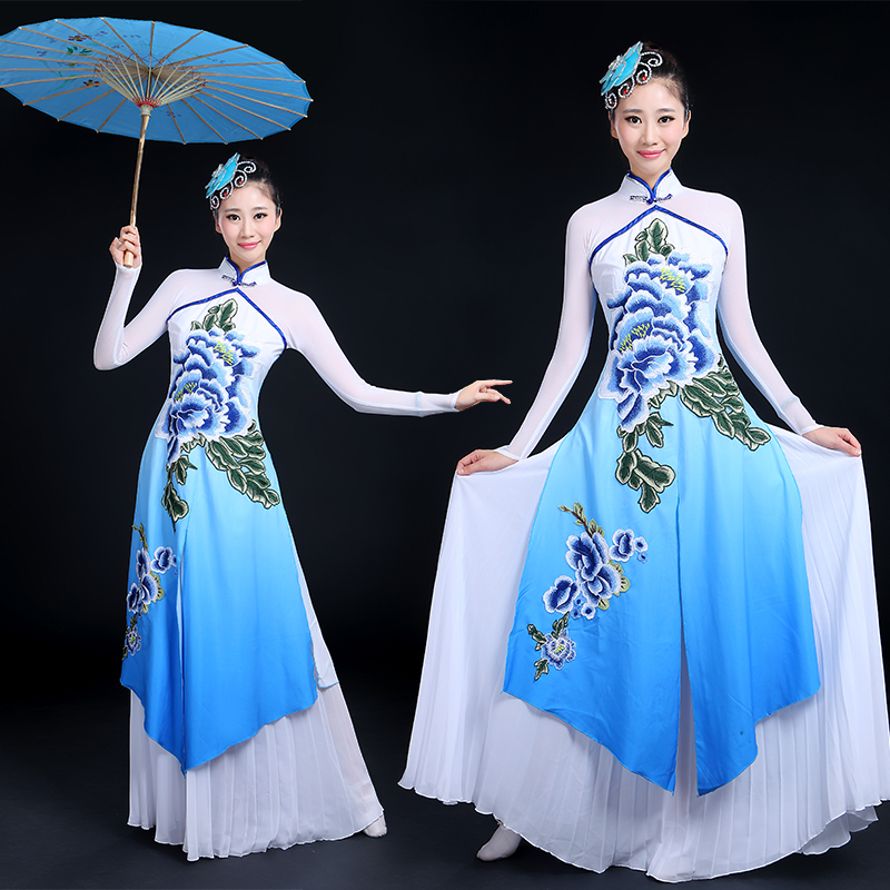 古典舞演出服飘逸现代成人舞蹈服装中国风扇子舞长裙伞舞表演服女