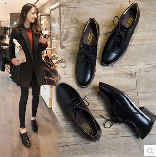韩国代购2016秋冬粗跟小皮鞋漆皮系带复古牛津鞋圆头中跟女单鞋