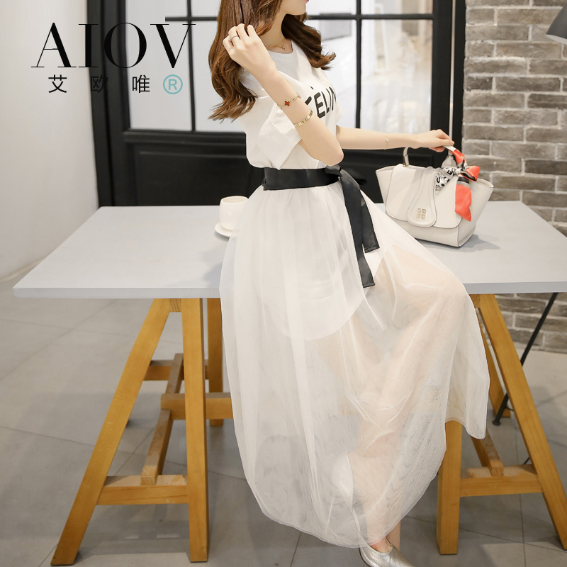 长裙连衣裙夏艾欧唯2015夏装新款韩版字母修身显瘦大摆裙雪纺裙