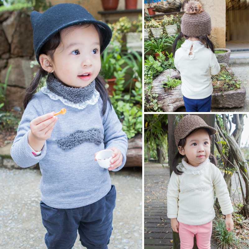 冬季新款韩版女童百搭T恤 纯色加厚高领蕾丝套头宝宝打底衫 包邮