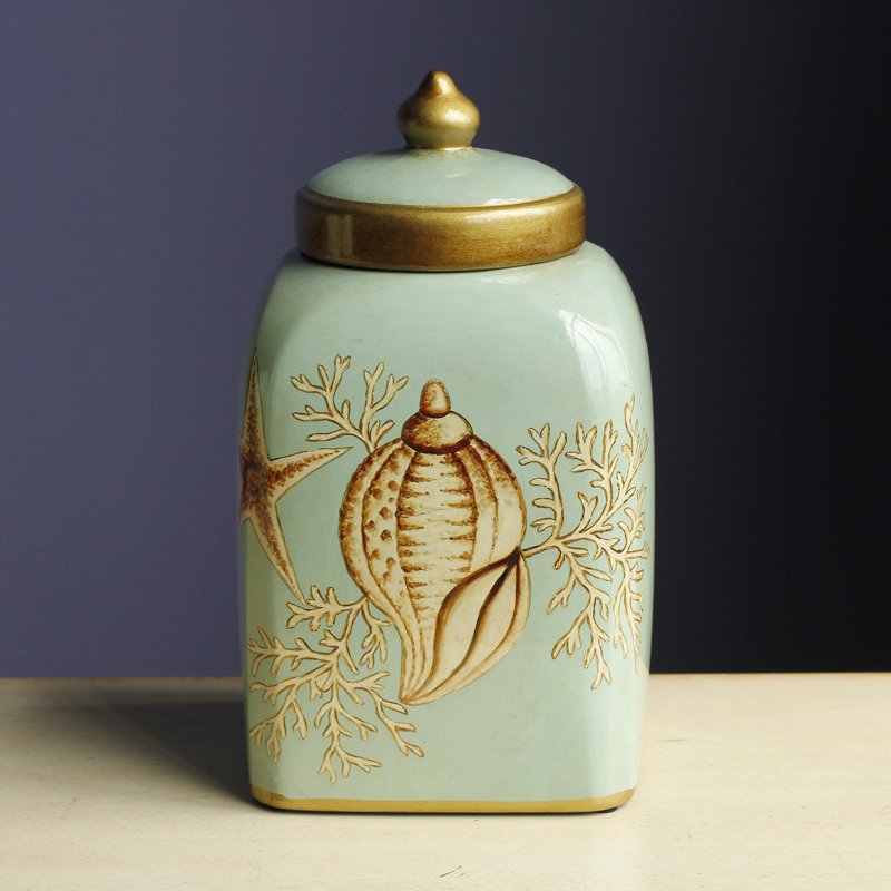 美式乡村手绘陶瓷储物罐摆件 创意家居客厅装饰品带盖收纳罐摆设