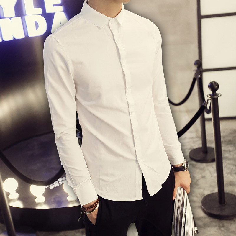 2015新款英伦男士长袖衬衫韩版修身日系白色发型师衬衣纯棉潮流折扣优惠信息