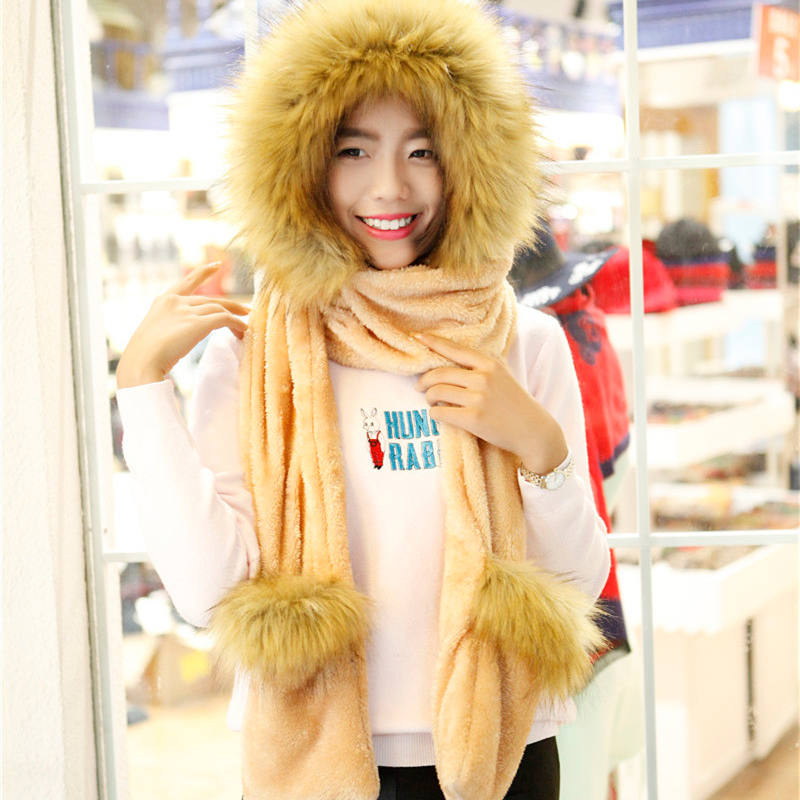 【天天特价】韩版冬季围巾帽子一体款女士连体帽三件套户外保暖潮折扣优惠信息
