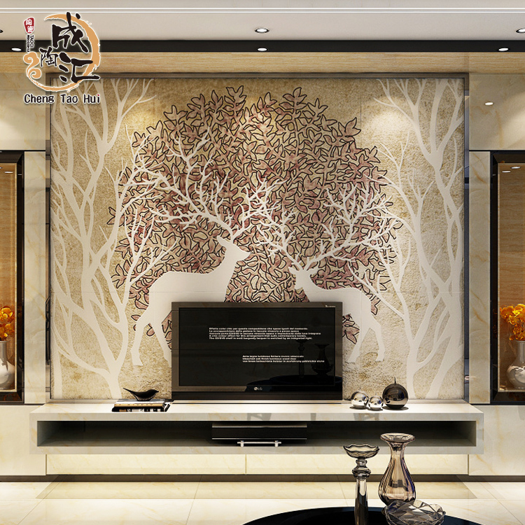 成陶汇 瓷砖背景墙3d雕刻简约欧式电视中式背景墙微晶石 麋鹿森林