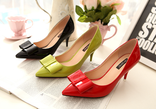 2015韩版新品蝴蝶结尖头高跟鞋气质优雅细跟单鞋女性感红色婚鞋包