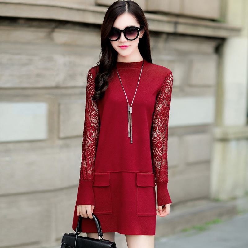 2015秋冬装新款 韩版蕾丝长袖小高领显瘦气质针织连衣裙 打底裙