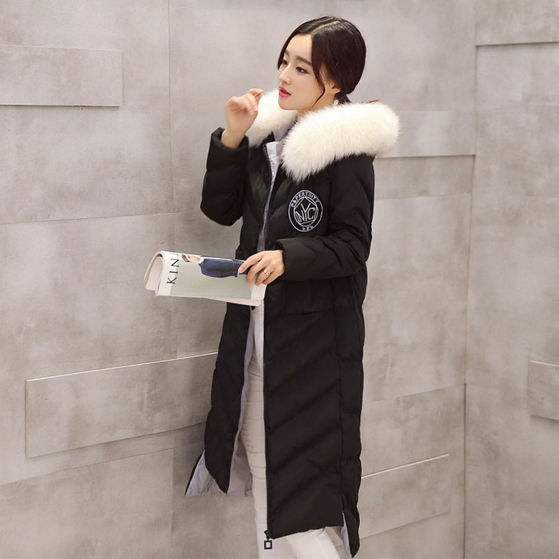 2015冬装新款韩版修身大毛领过膝中长款加厚羽绒服棉服女保暖外套