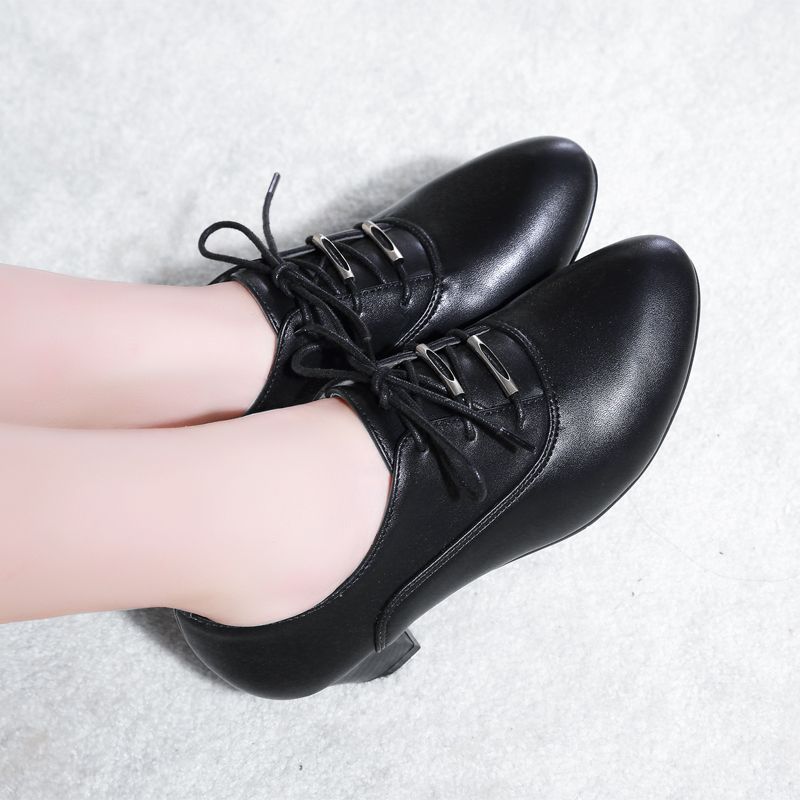 2015秋季英伦风女鞋时尚休闲潮深口黑色高跟鞋粗跟系带单鞋女中跟