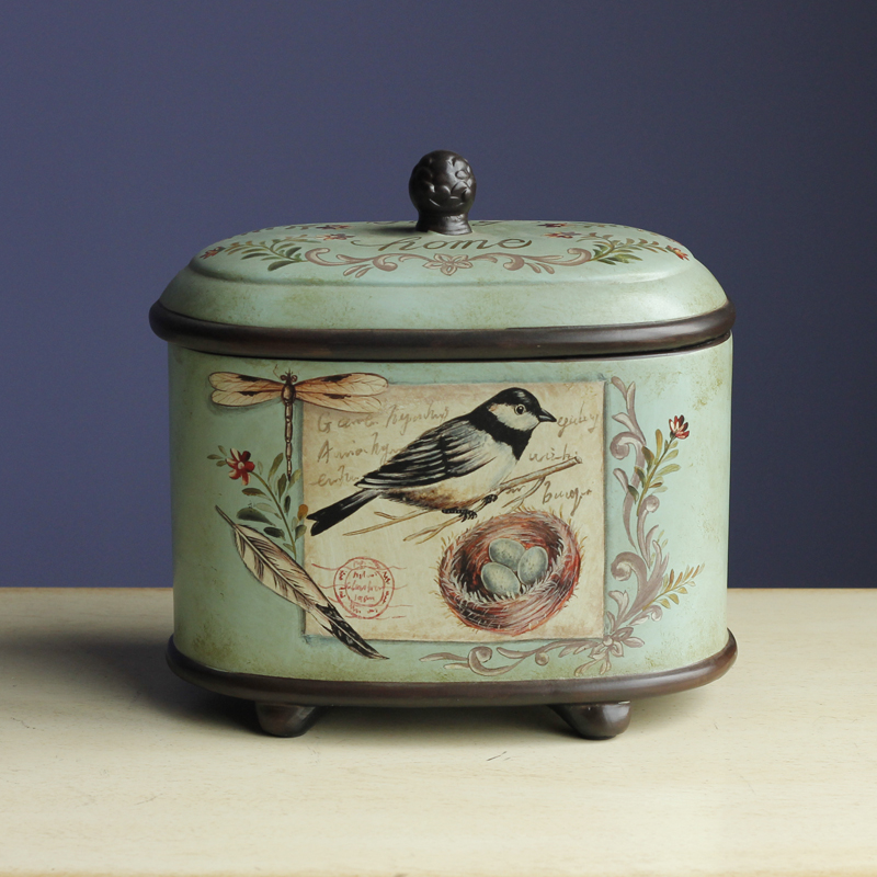 美式乡村花鸟陶瓷储物罐摆件欧式手绘收纳罐摆设家居饰品客厅软装