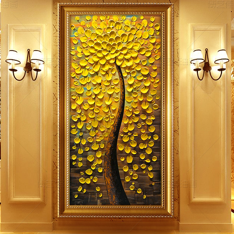 玄关装饰画发财树油画抽象现代客厅走廊过道手绘欧式竖版3d立体画折扣优惠信息