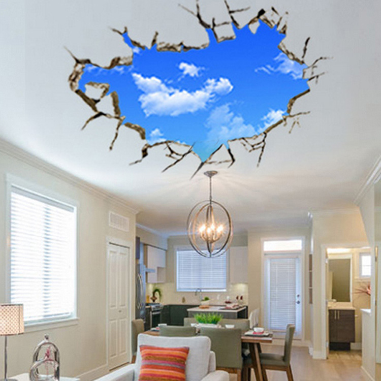 蓝天白云 穿墙3d立体创意卧室客厅背景贴画天花板立体墙贴壁画纸