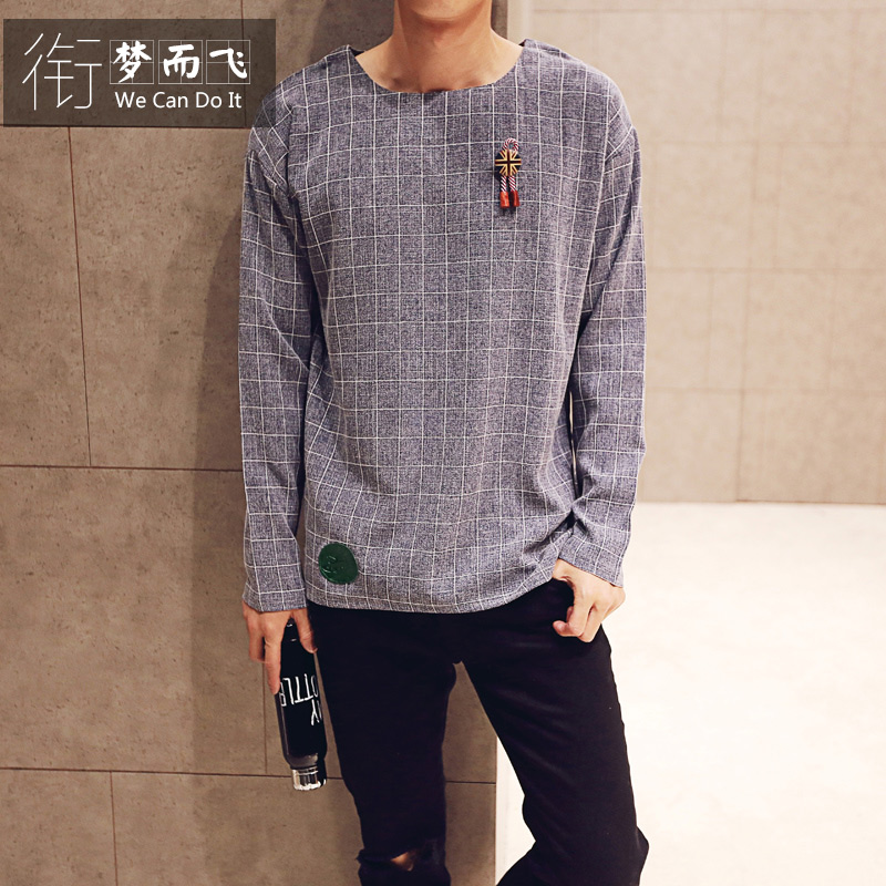2015韩版男装 港男休闲T恤长袖时尚大牌宽松条纹圆领长袖T恤新款