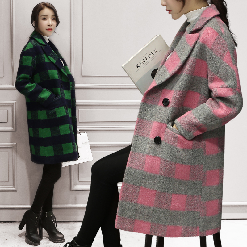 2015冬装新款韩版时尚茧型格子中长款毛呢外套女折扣优惠信息
