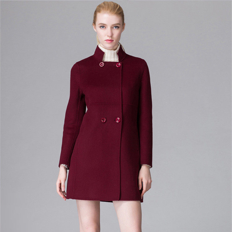 2015秋冬季新款纯山羊绒大衣女士立领双排扣羊毛呢子大衣纯色