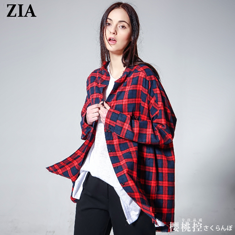 ZIA韩版大码女装新款纯棉百搭中长款BF风毛边格子衬衫 薄款外套潮