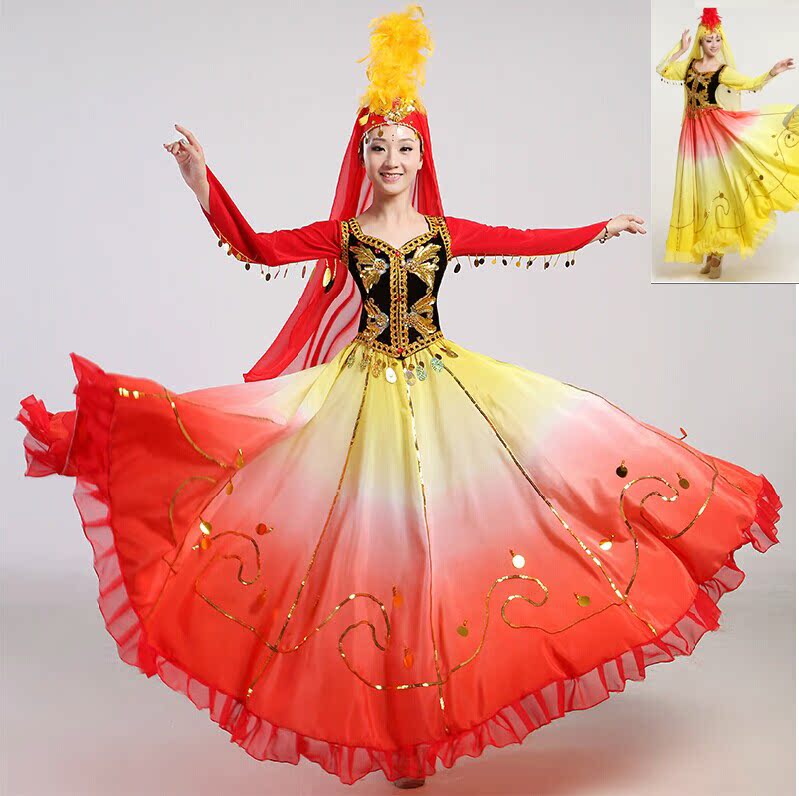 新款大裙摆演出服新疆舞蹈服女款少数民族连衣裙吾尔族合唱表演服折扣优惠信息