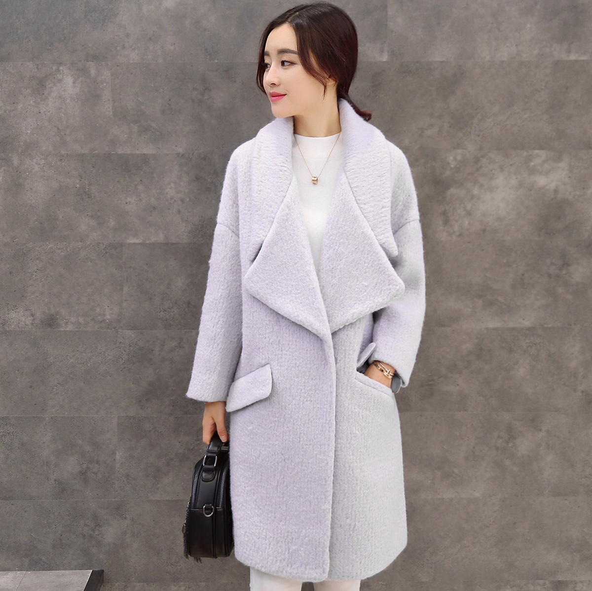 2015冬季新品 韩版时尚中长款毛呢大衣 宽松大码淑女范外套女