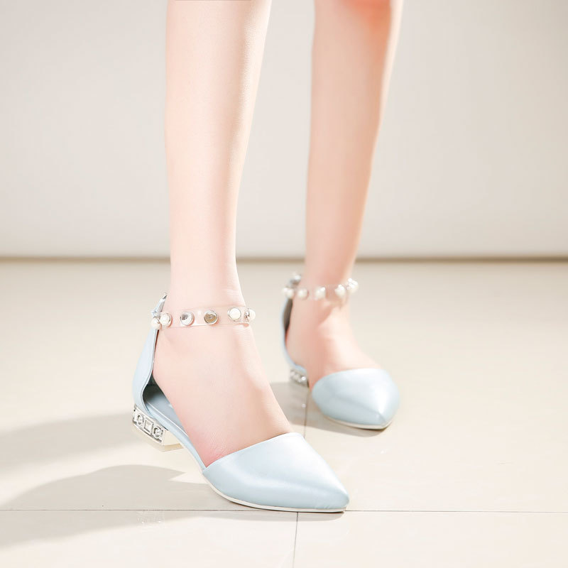2015夏季新款韩版时尚罗马包头尖头凉鞋女白色纯色粗跟低跟 女鞋