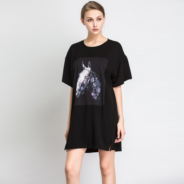 2015时装款欧美风夏季新款马头花朵印花长款T恤短袖连衣裙3D绘画