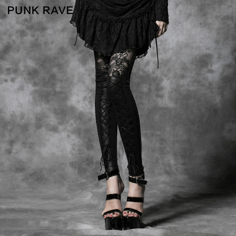 PUNK RAVE冬装新款镂空蕾丝打底裤薄休闲长裤朋克女装外穿打底裤