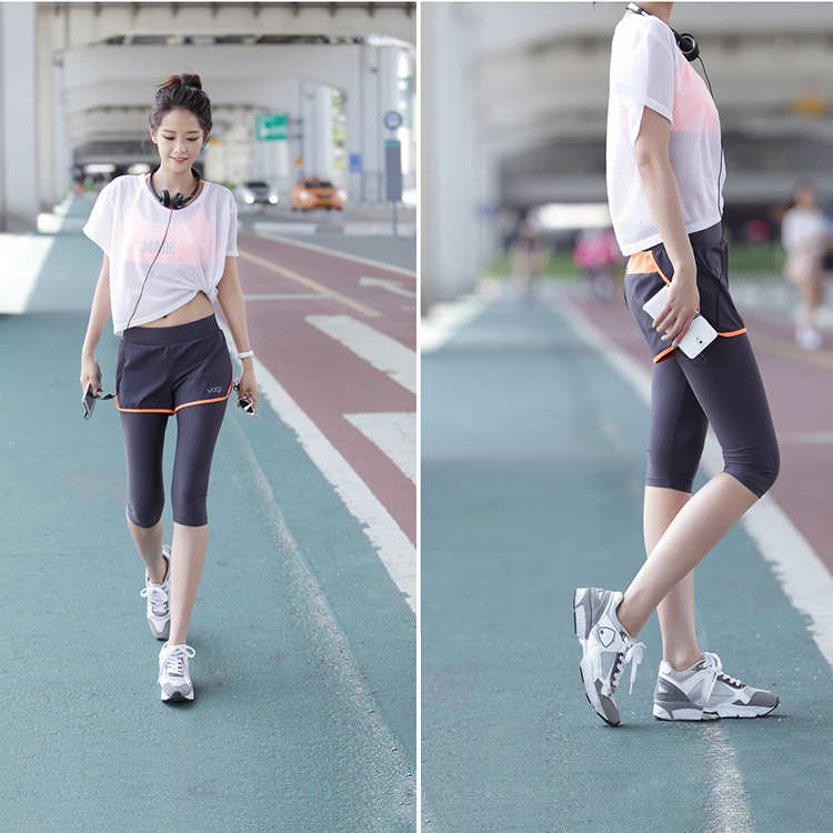 厂家直供 韩国新款假两件紧身束腿女7分裤显瘦瑜伽健身衣服运动裤折扣优惠信息