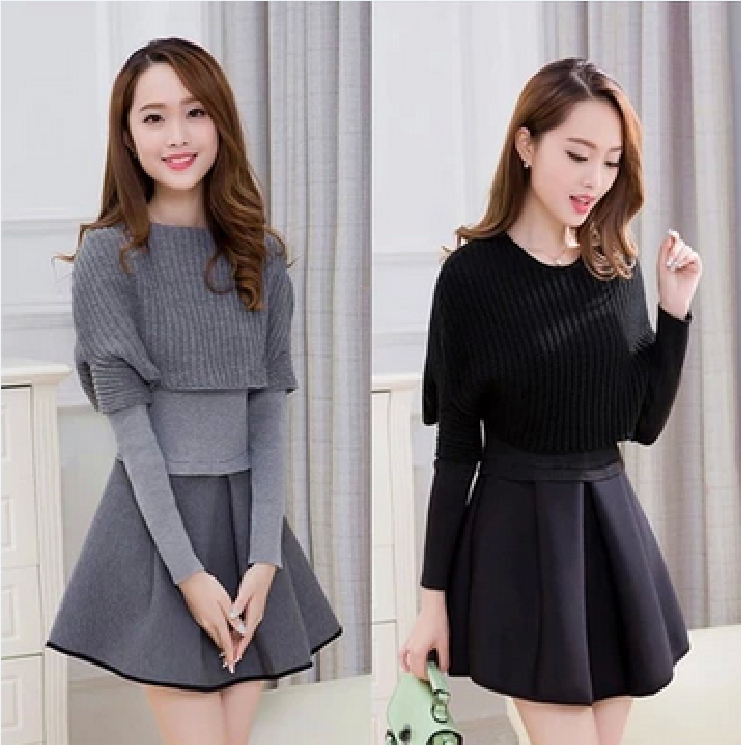 2015秋冬季时尚两件套装韩版修身女大码长袖针织连衣裙气质A字裙