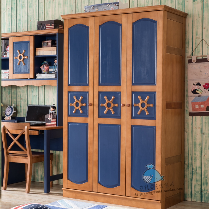儿童家具配套地中海衣柜 木质实木三门衣柜储物柜 松木衣橱收纳柜