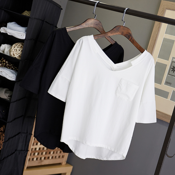 欧美时尚宽松显瘦不规则双V领打底衫中袖口袋T恤潮 2015夏装新款