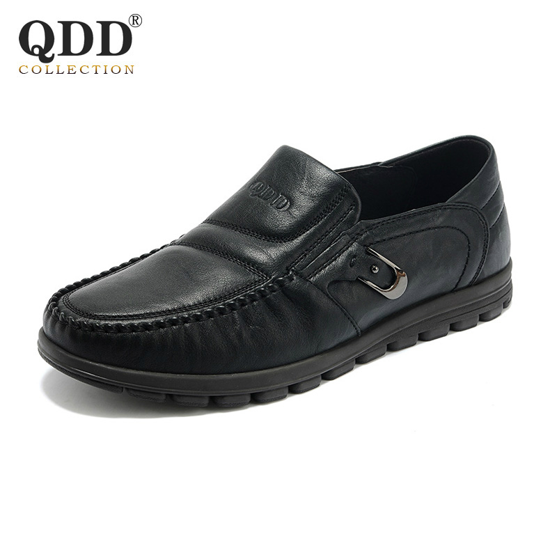qdd正品牌皮鞋轻便板鞋男士休闲软底黑色圆头真皮鞋男套脚懒人鞋
