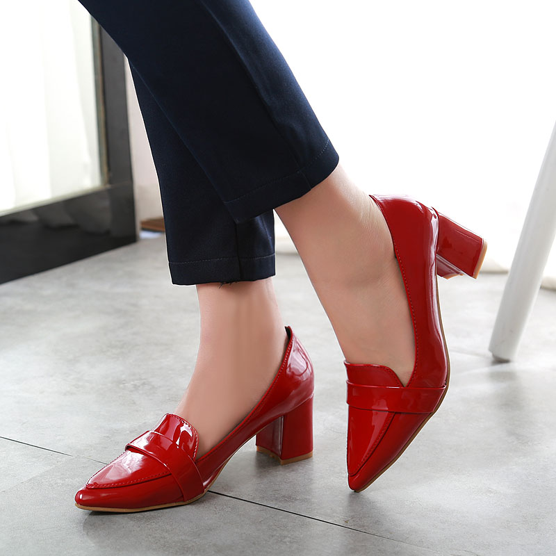 2015秋季新款欧美漆皮尖头红色高跟鞋粗跟单鞋女秋中跟浅口鞋子潮