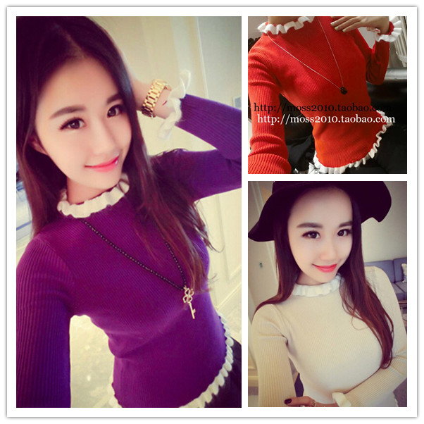 2015秋冬新款韩版修身显瘦高领打底衫气质套头甜美针织衫女长袖
