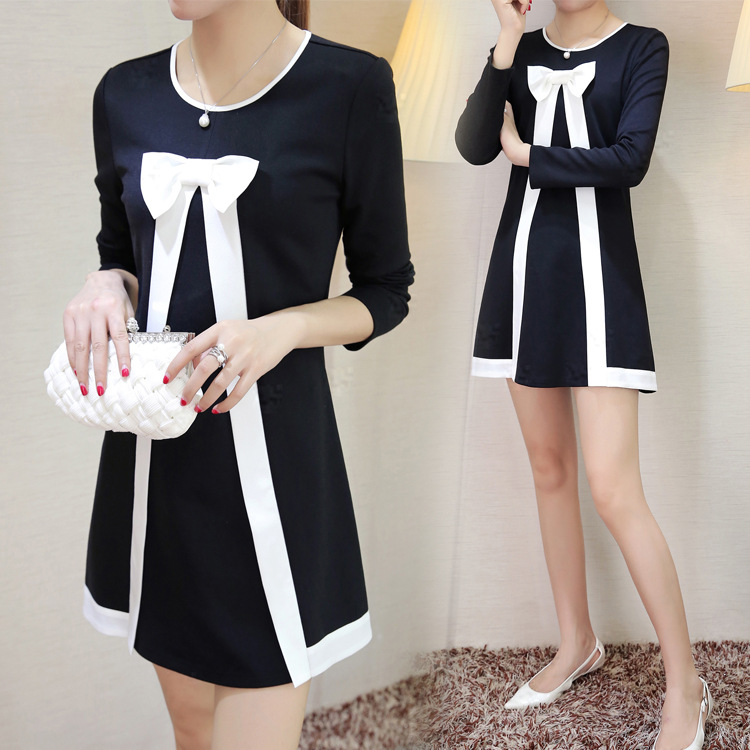 韩国代购2015秋装新款韩版大码女装长袖黑白撞色连衣裙打底裙子