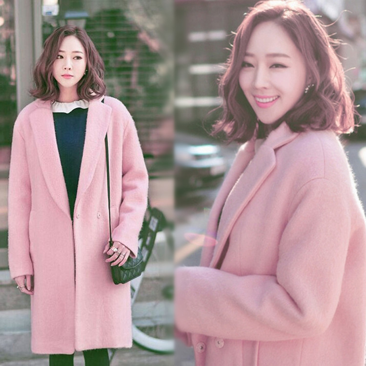2015韩版冬装宽松粉色中长款显瘦毛呢外套茧型呢子大衣学生女加厚折扣优惠信息