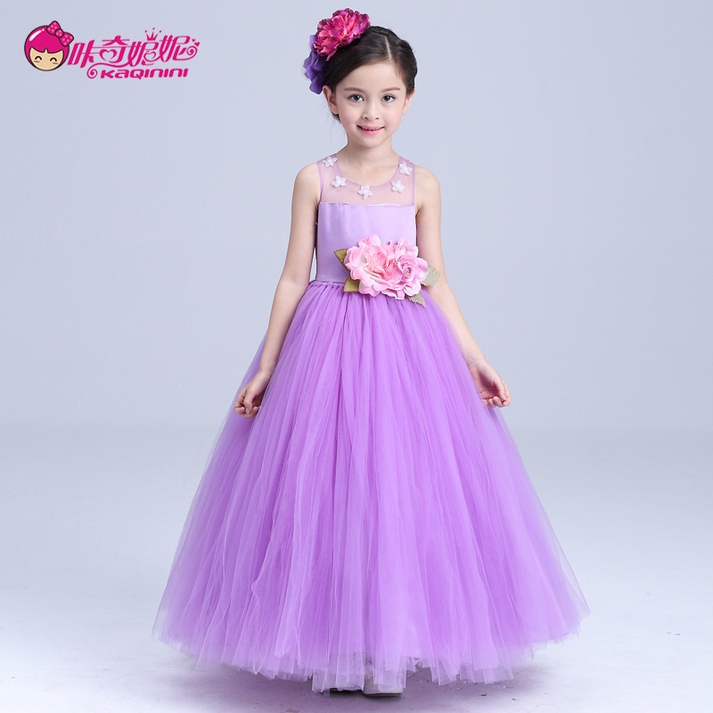 新款紫色女童礼服晚礼服裙花童裙儿童公主裙婚纱裙蓬蓬裙演出服