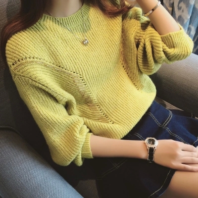 2015秋装新款韩版洋气钉珠纯色圆领套头针织衫女粗毛线中长款毛衣