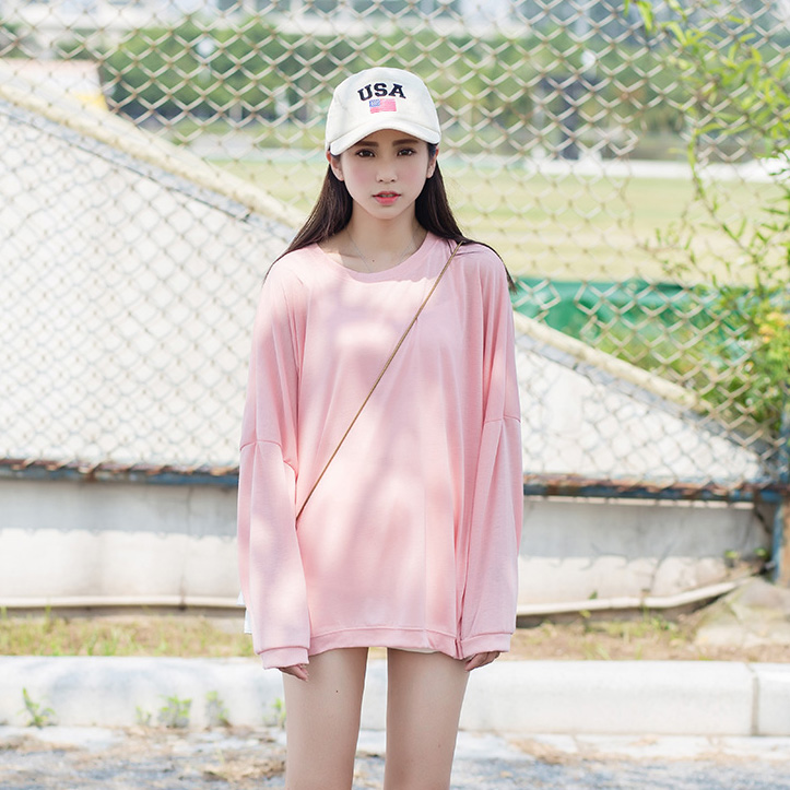 韩国ulzzang学院风宽松百搭纯色长袖T恤女夏学生蝙蝠袖防晒衫罩衫折扣优惠信息
