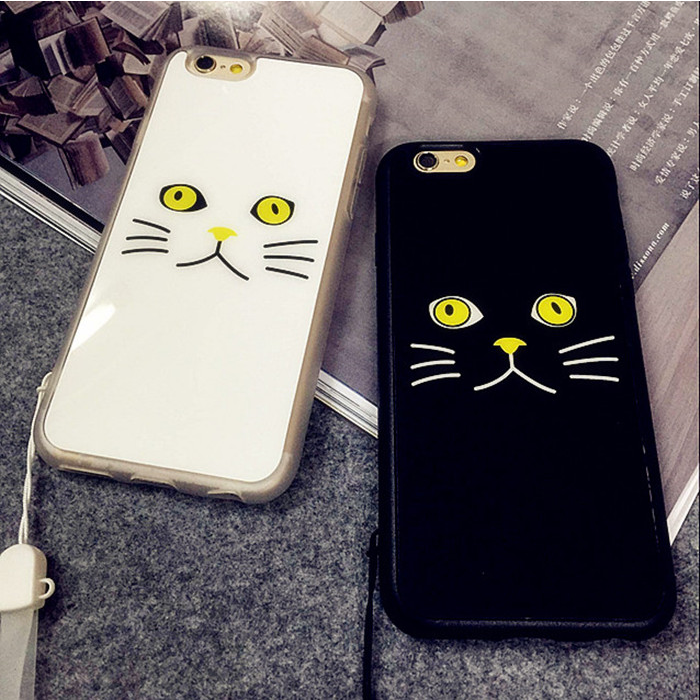 情侣黑白猫苹果iPhone6手机壳iPhone6plus硅胶亚克力镜面5S挂绳壳