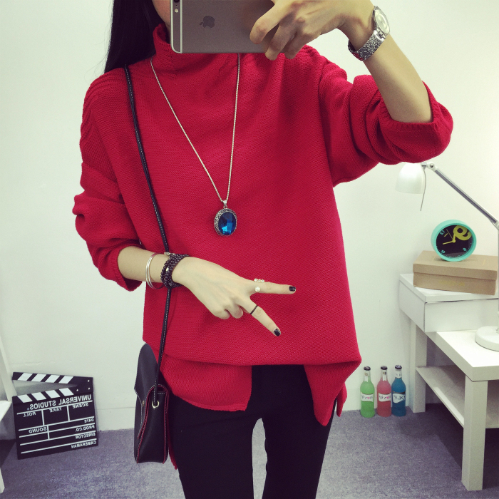 2015秋装韩版下摆开叉半高领宽松套头针织衫中长款长袖毛衣