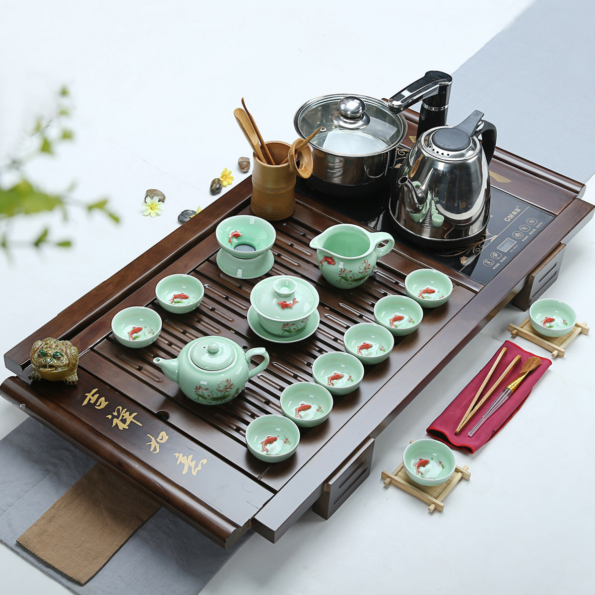 茶具套装特价包邮功夫紫砂陶瓷茶具实木茶盘四合一电磁炉整套茶道