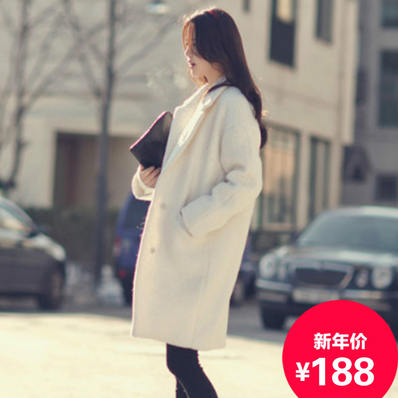 2015冬装韩版茧型加厚毛呢外套女中长款修身韩范白色毛呢子大衣女