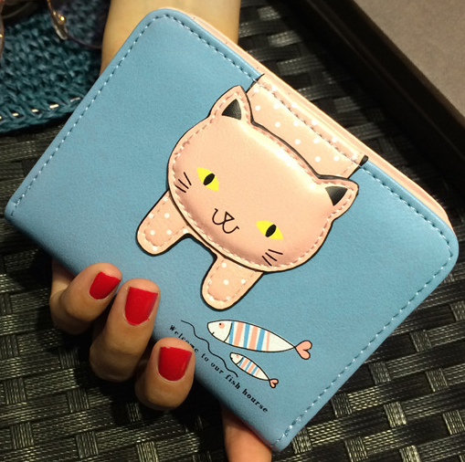 短款钱包女潮小清新三折可爱女式皮夹卡通小猫学生韩版零钱包卡包