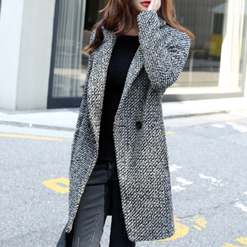 2015秋冬新款女装韩版直筒毛呢外套女中长款粗花呢女式呢子大衣潮